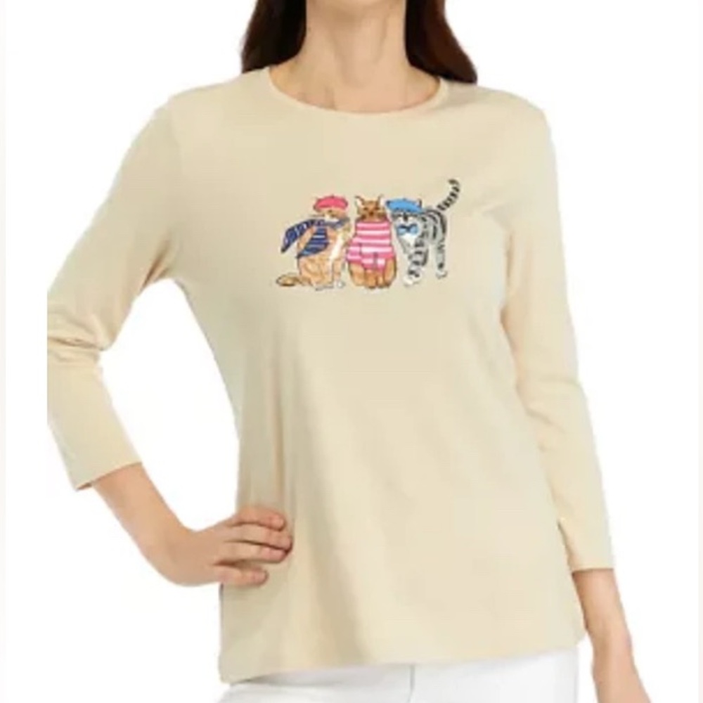 Kim Rogers Perfectly Soft size L 3/4 Sleeve Cat Graphic Top NWOT Beige crew-neck - Picture 2 of 16